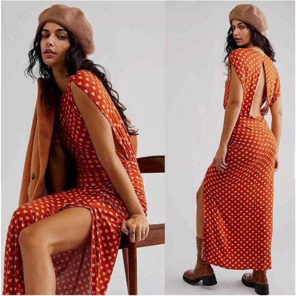 NWT Free People Lakeside Midi Dress Ginger Heart Print Ruched Side Slit Large - Picture 5 of 14